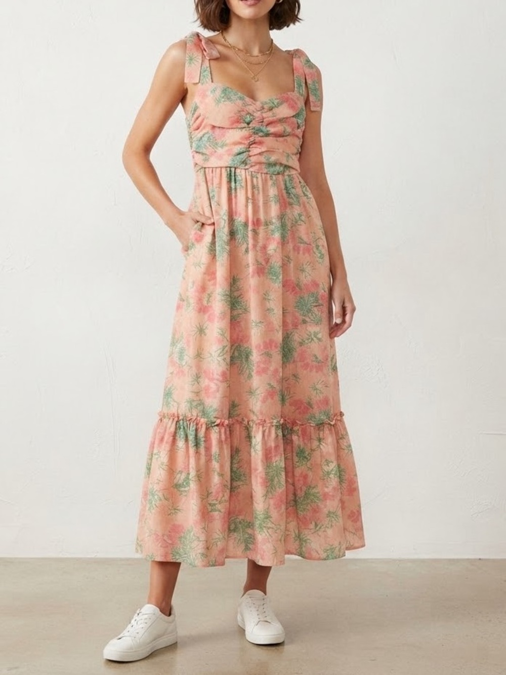 SO ME Pink Green Floral Tie Shoulder Ruched Bust Tiered Maxi Dress Size S❤️